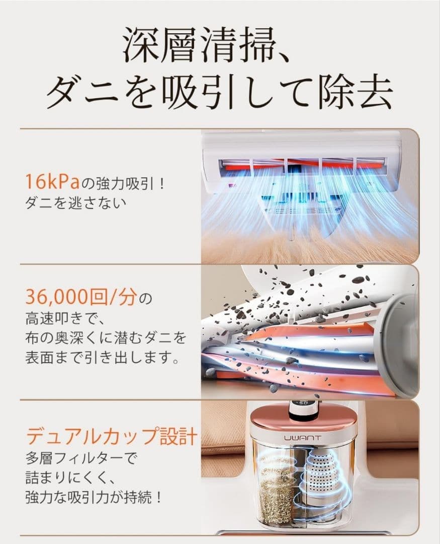 uwant 布団クリーナー 16Kpaの強力な吸引力 毎分たたき36,000回