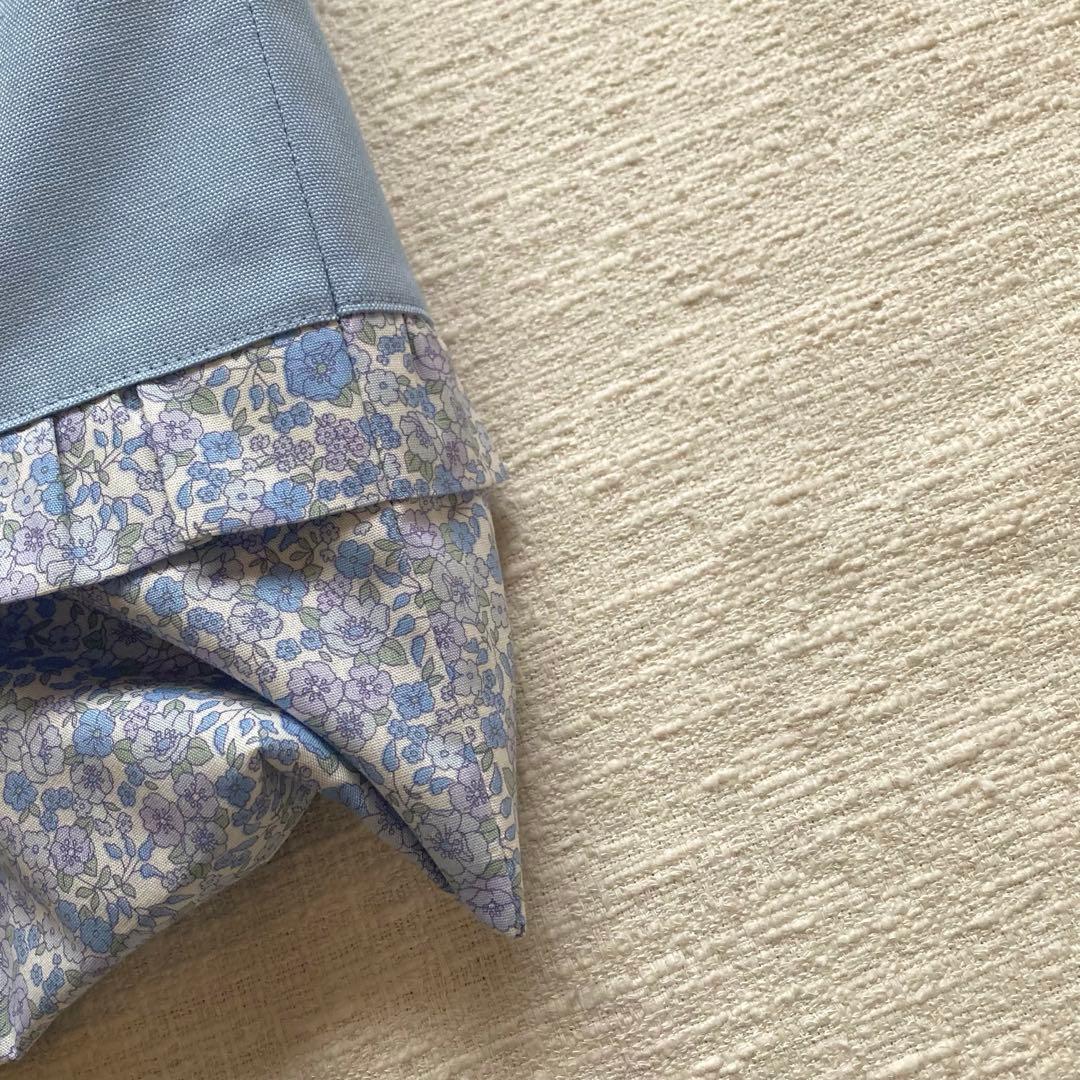 ぽち！小花柄フリルレッスンバッグ+上履き袋+体操服袋+給食袋　くすみブルー