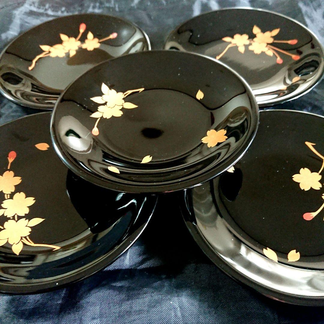 桜づくし 漆器 銘々皿 小皿 蒔絵 黒/輪島塗 越前漆器 茶道具 骨董 椀 印判